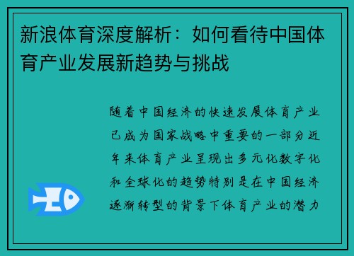 新浪体育深度解析：如何看待中国体育产业发展新趋势与挑战